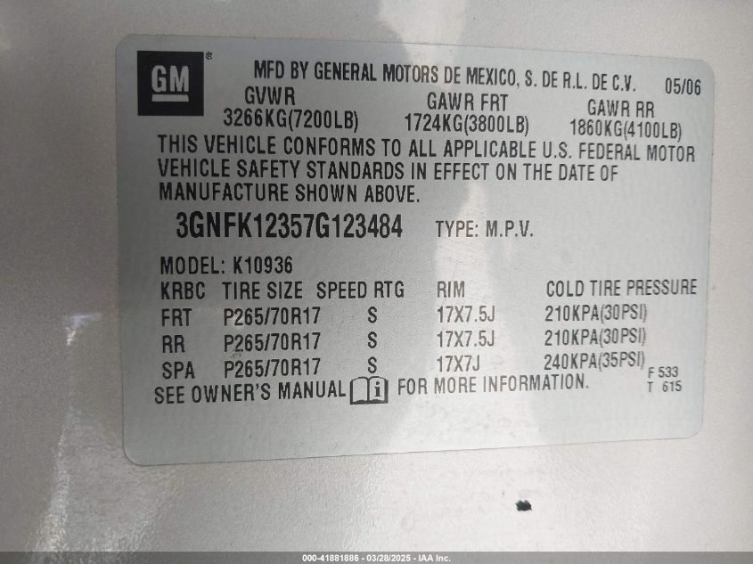 2007 Chevrolet Avalanche 1500 Ls VIN: 3GNFK12357G123484 Lot: 41881886