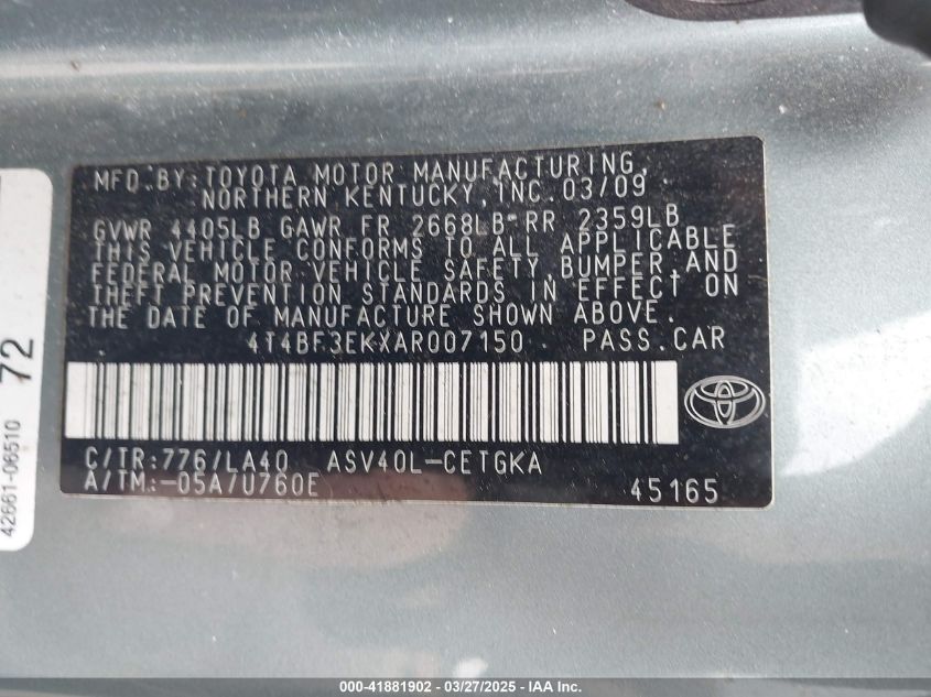 2010 Toyota Camry Xle VIN: 4T4BF3EKXAR007150 Lot: 41881902