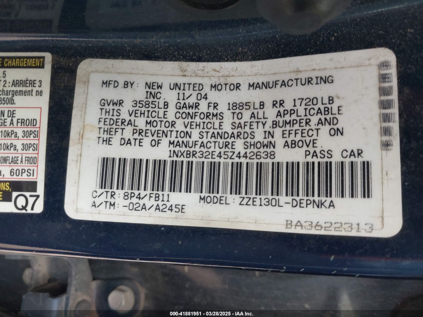 2005 Toyota Corolla Le VIN: 1NXBR32E45Z442638 Lot: 41881951