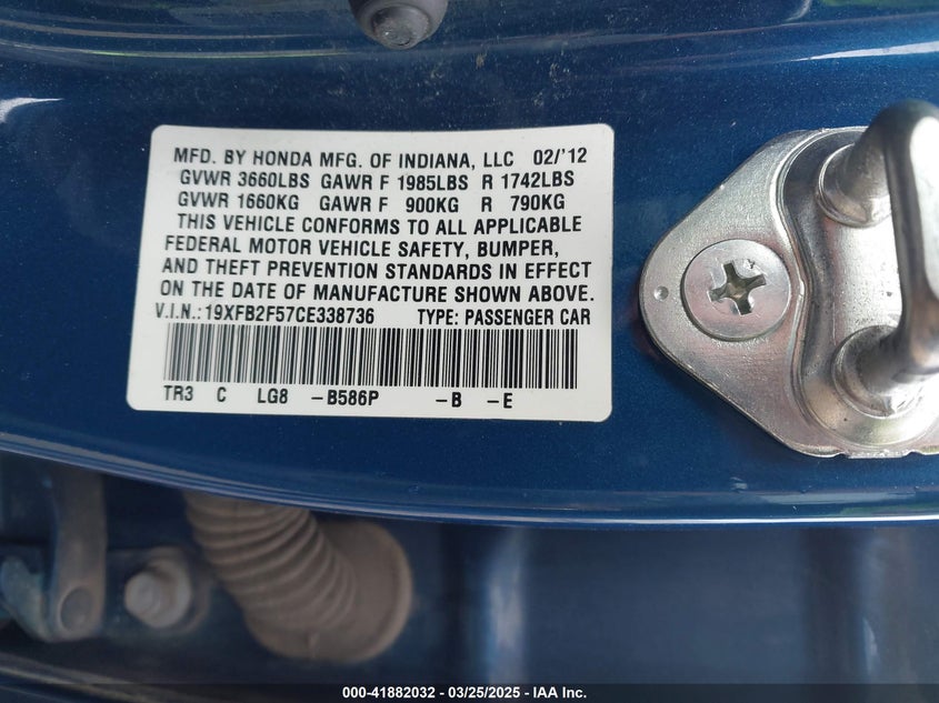 2012 HONDA CIVIC VIN: 19XFB2F57CE338736