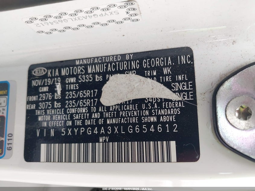 2020 KIA SORENTO VIN: 5XYPG4A3XLG654612