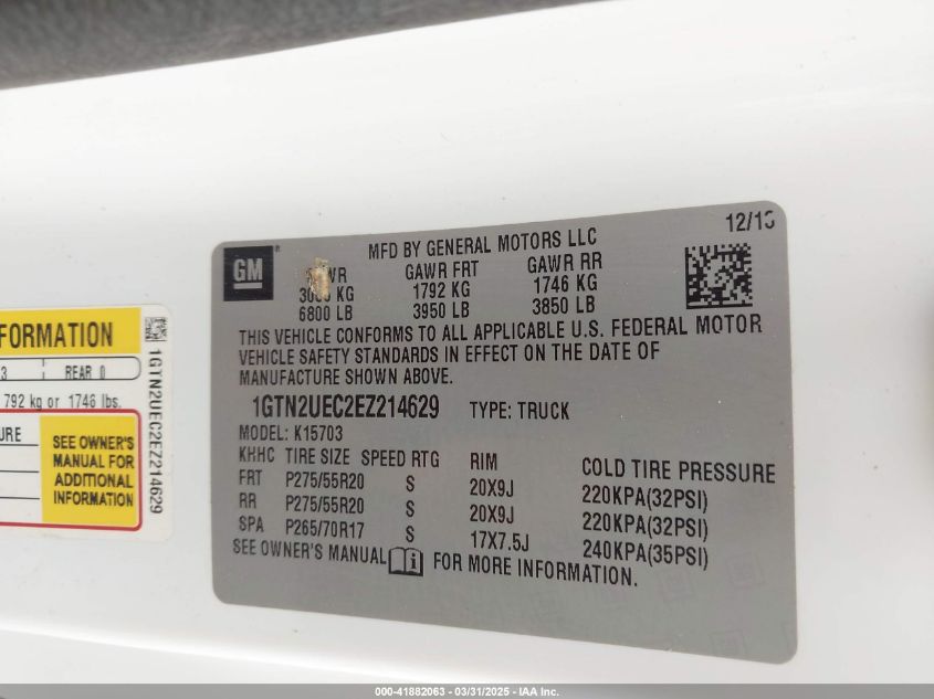 2014 GMC Sierra 1500 Sle VIN: 1GTN2UEC2EZ214629 Lot: 41882063