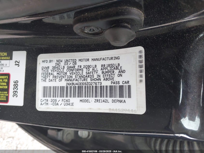 2009 TOYOTA COROLLA VIN: 1NXBU40E69Z027673