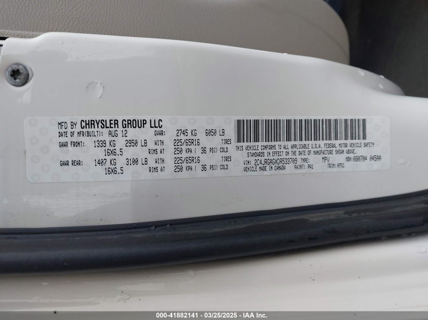 2013 Ram Cargo Tradesman VIN: 2C4JRGAGXDR533709 Lot: 41882141