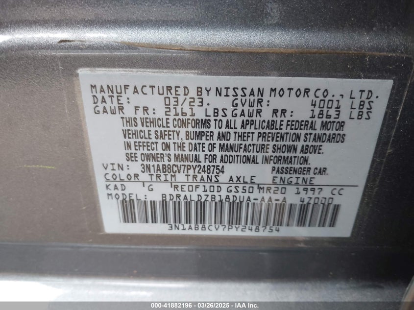 2023 NISSAN SENTRA VIN: 3N1AB8CV7PY248754
