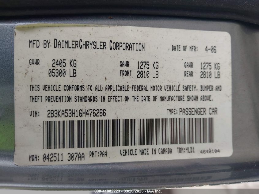 2006 Dodge Charger Rt VIN: 2B3KA53H16H476266 Lot: 41882223
