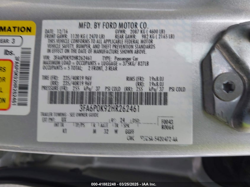 2017 FORD FUSION VIN: 3FA6P0K92HR262461