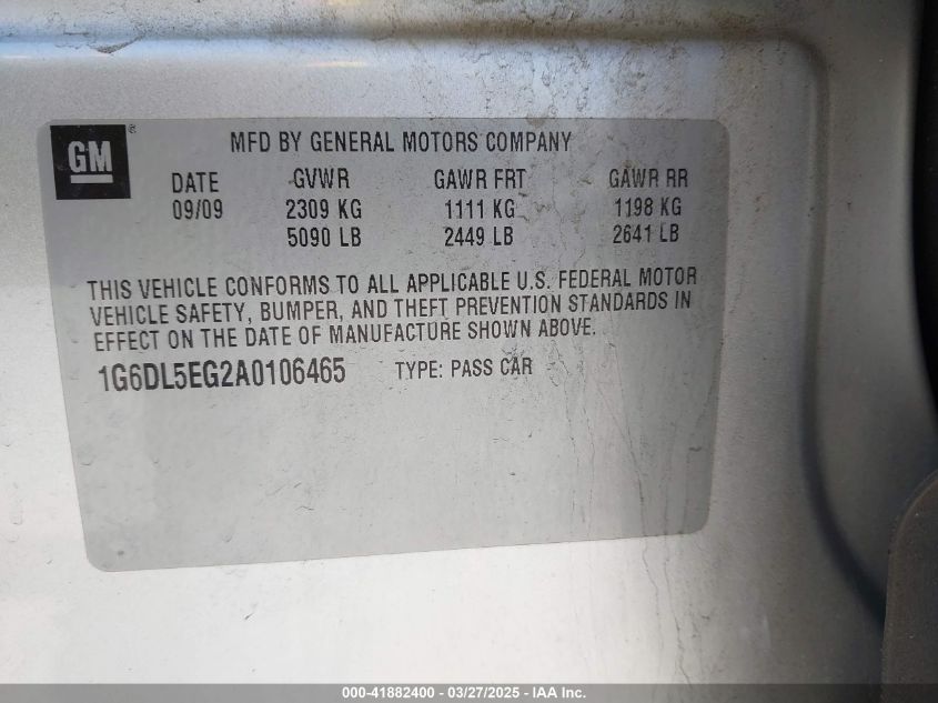 2010 Cadillac Cts Performance VIN: 1G6DL5EG2A0106465 Lot: 41882400