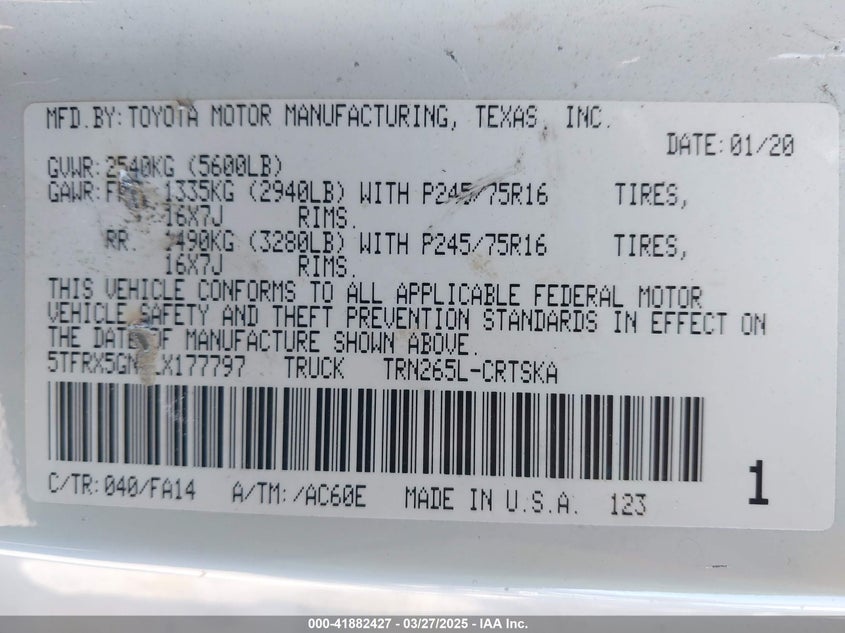 2020 TOYOTA TACOMA VIN: 5TFRX5GN1LX177797