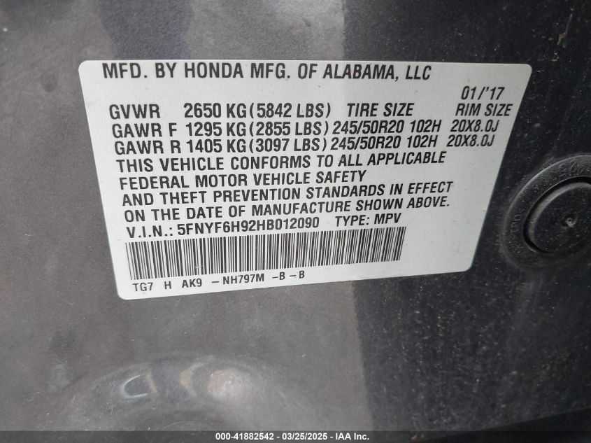 2017 HONDA PILOT TOURING - 5FNYF6H92HB012090