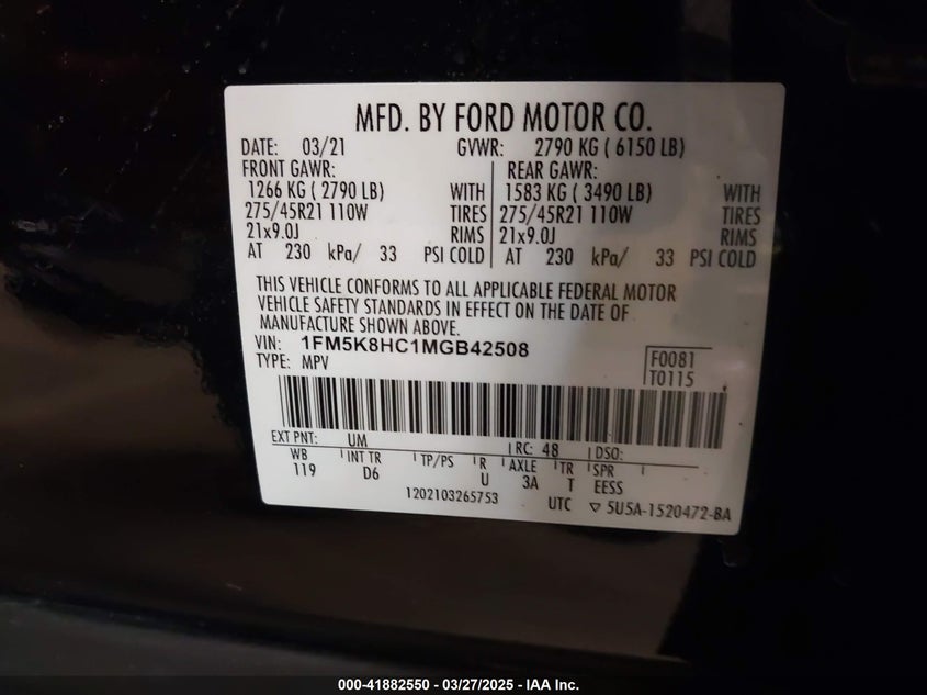 2021 FORD EXPLORER VIN: 1FM5K8HC1MGB42508