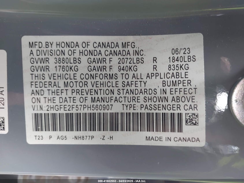 2023 HONDA CIVIC VIN: 2HGFE2F57PH560907