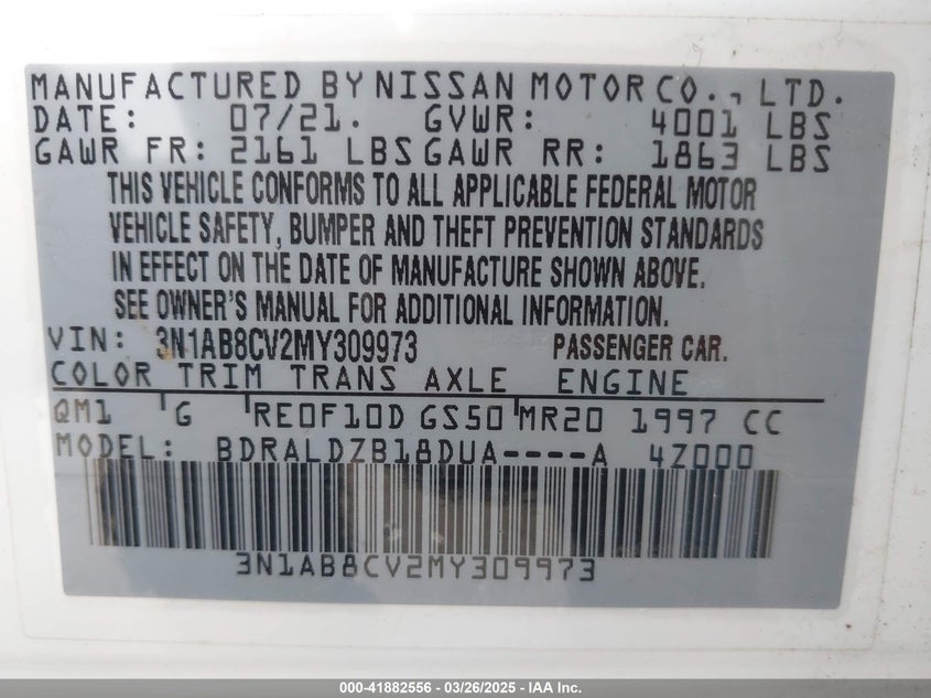 2021 NISSAN SENTRA VIN: 3N1AB8CV2MY309973