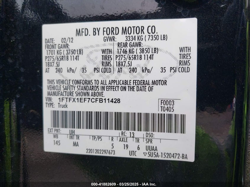2012 FORD F-150 VIN: 1FTFX1EF7CFB11428