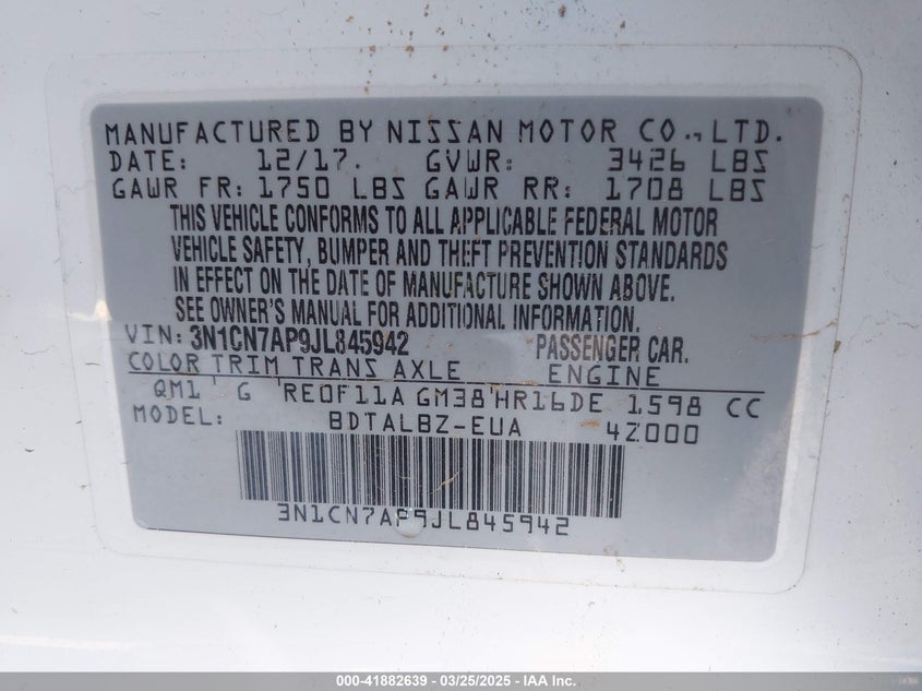 2018 NISSAN VERSA 1.6 SV - 3N1CN7AP9JL845942