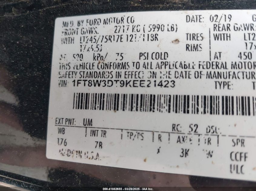 2019 Ford F-350 Platinum VIN: 1FT8W3DT9KEE21423 Lot: 41882655
