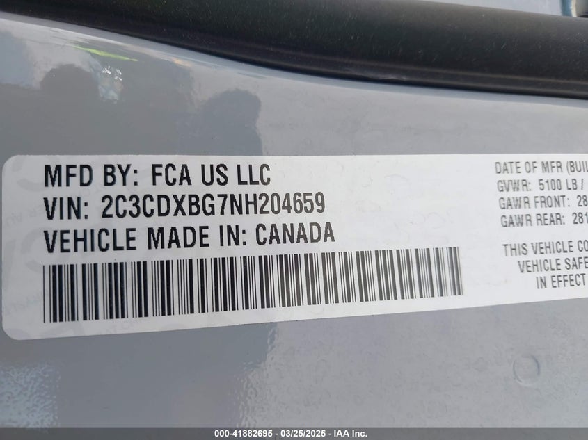 2022 DODGE CHARGER VIN: 2C3CDXBG7NH204659
