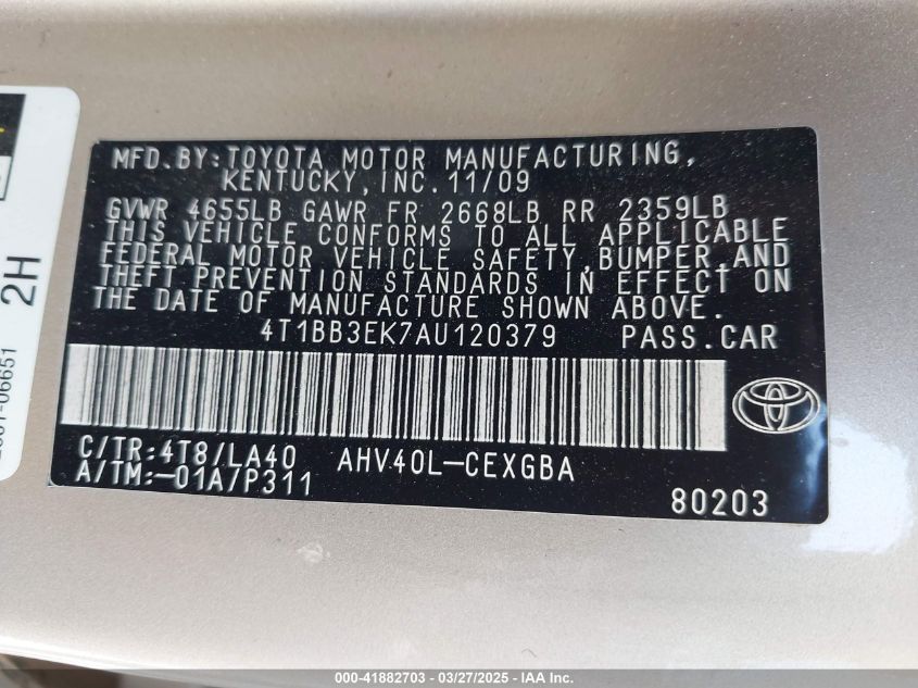 2010 Toyota Camry Hybrid VIN: 4T1BB3EK7AU120379 Lot: 41882703