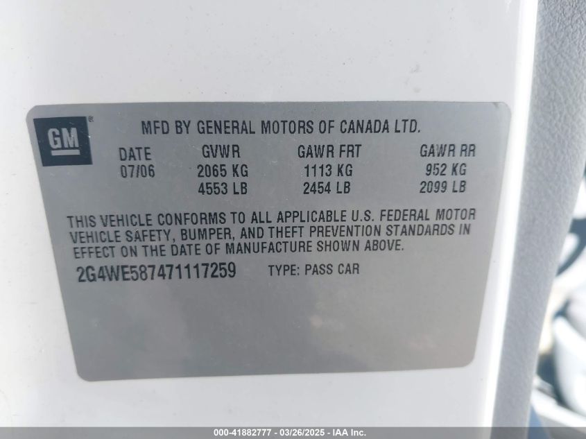 2007 Buick Lacrosse Cxs VIN: 2G4WE587471117259 Lot: 41882777