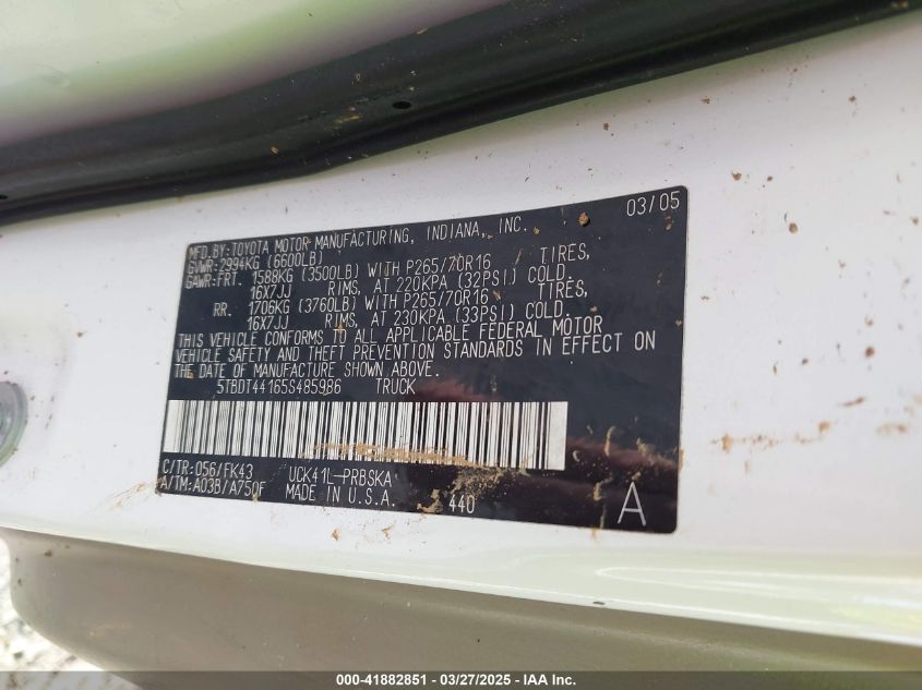 2005 Toyota Tundra Sr5 V8 VIN: 5TBDT44165S485986 Lot: 41882851