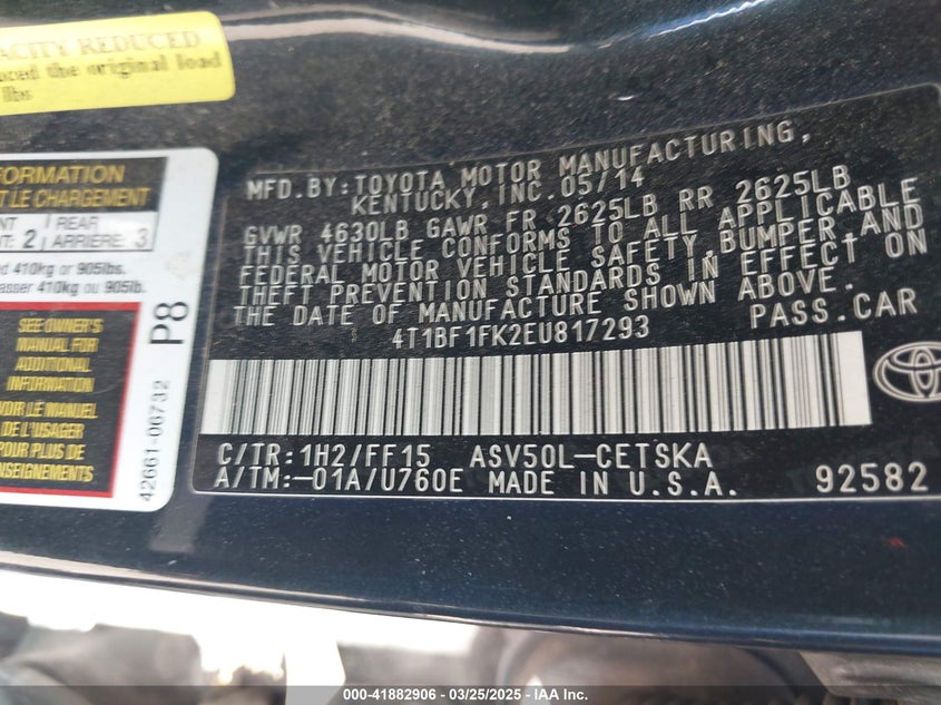 2014 TOYOTA CAMRY VIN: 4T1BF1FK2EU817293