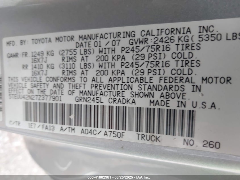 2007 TOYOTA TACOMA VIN: 5TEUU42N27Z377901