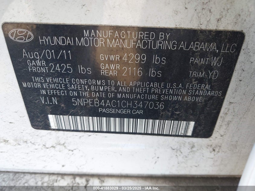2012 HYUNDAI SONATA VIN: 5NPEB4AC1CH347036