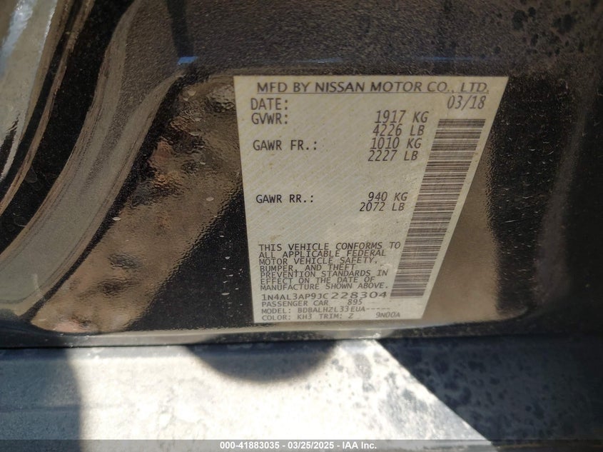2018 NISSAN ALTIMA VIN: 1N4AL3AP9JC228304