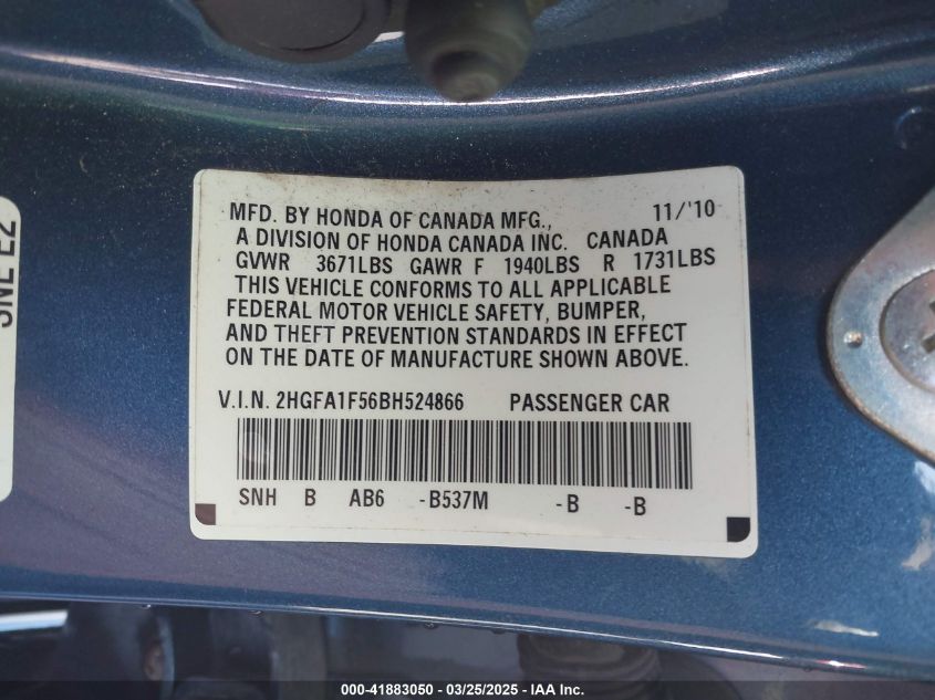 2011 Honda Civic Lx VIN: 2HGFA1F56BH524866 Lot: 41883050