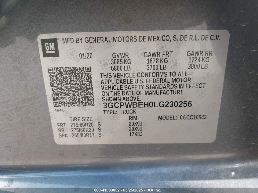 2020 CHEVROLET SILVERADO 1500 VIN: 3GCPWBEH0LG230256