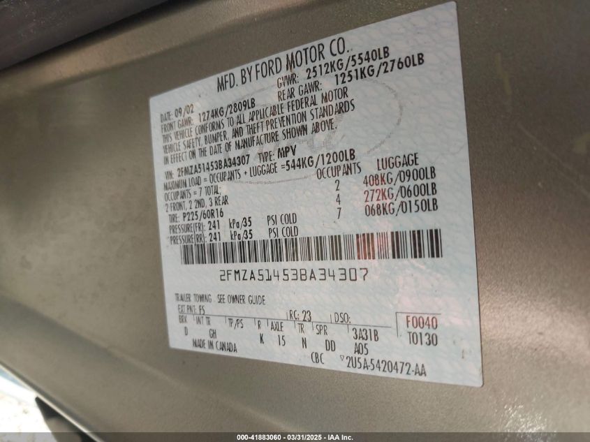 2003 Ford Windstar VIN: 2FMWA51453BA34307 Lot: 41883060