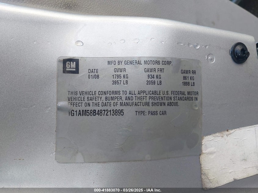 2008 CHEVROLET COBALT VIN: 1G1AM58B487213895