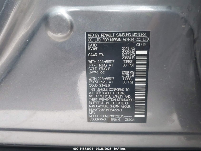 2019 NISSAN ROGUE S/SV - KNMAT2MV0KP542240