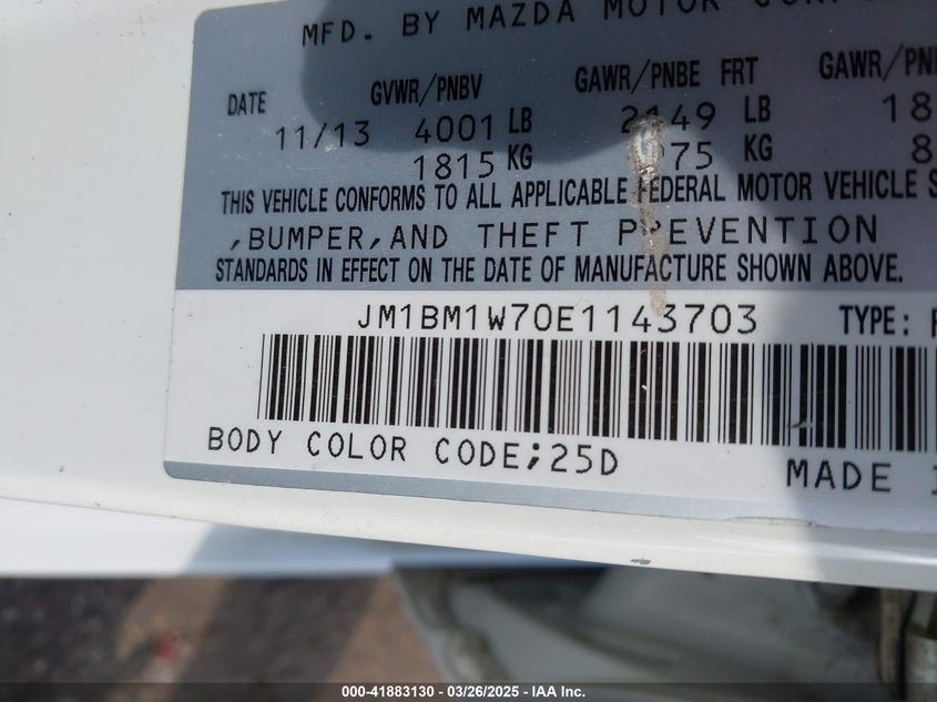 2014 MAZDA 3 VIN: JM1BM1W70E1143703