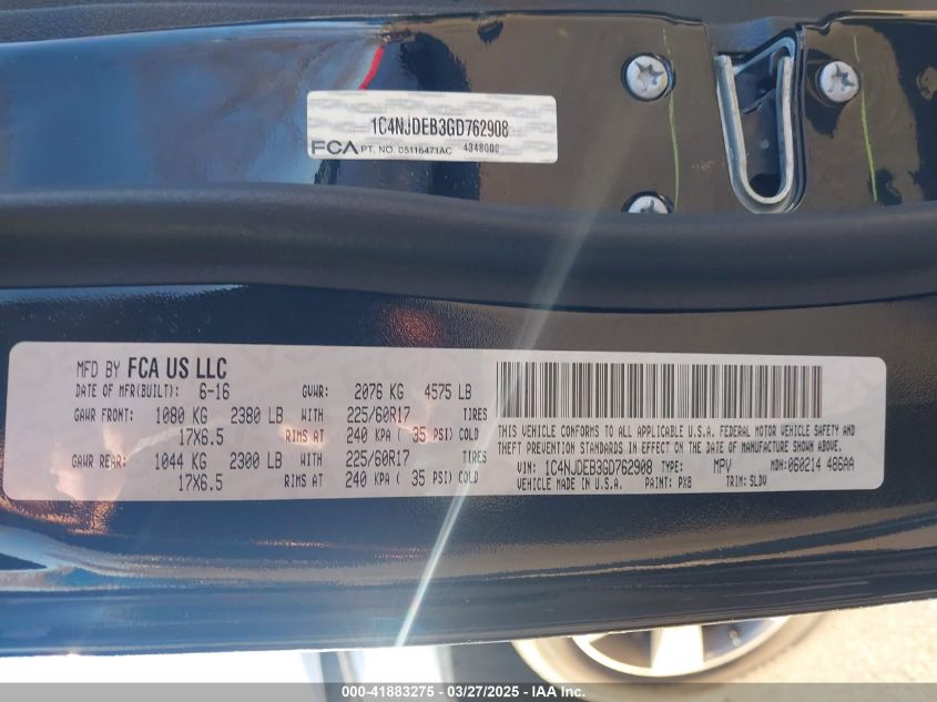2016 Jeep Compass High Altitude Edition VIN: 1C4NJDEB3GD762908 Lot: 41883275