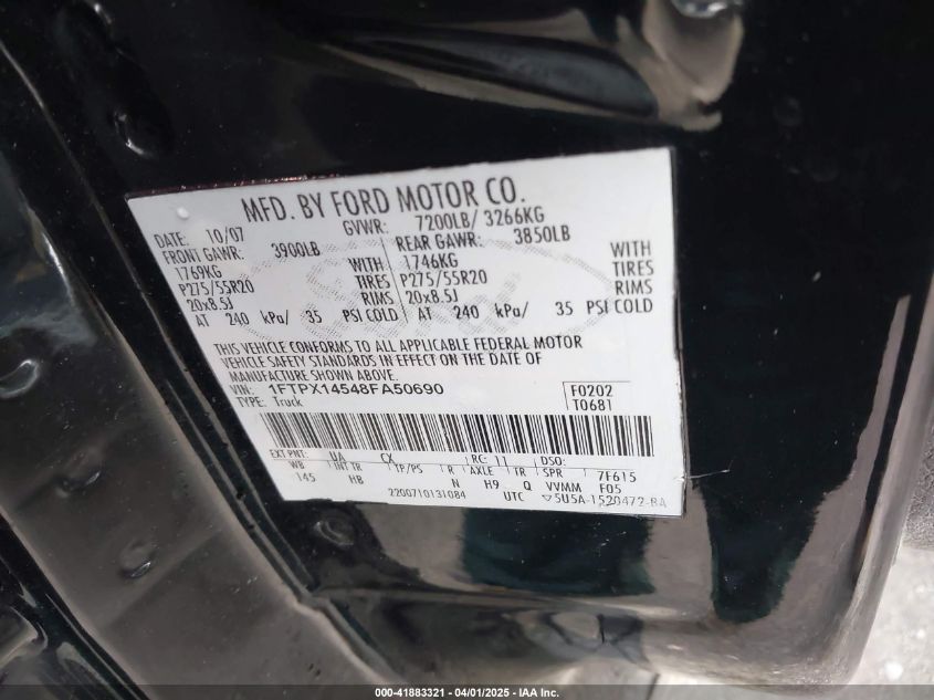 2008 Ford F-150 Fx4/Lariat/Xl/Xlt VIN: 1FTPX14548FA50690 Lot: 41883321