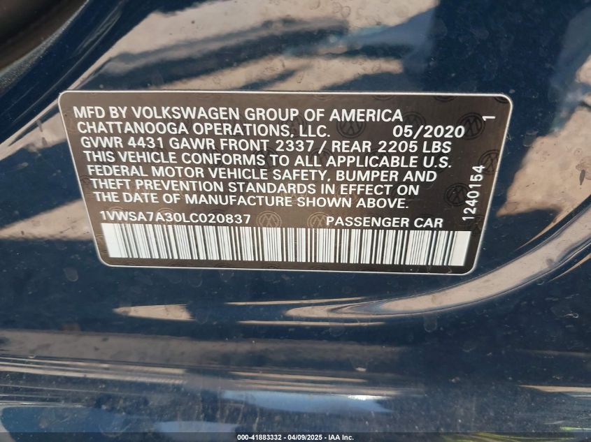 2020 Volkswagen Passat 2.0T Se VIN: 1VWSA7A30LC020837 Lot: 41883332