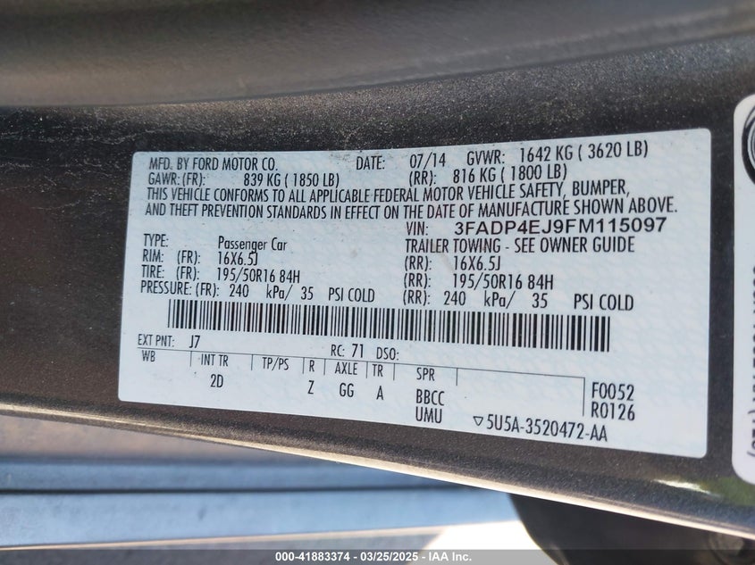 2015 FORD FIESTA VIN: 3FADP4EJ9FM115097