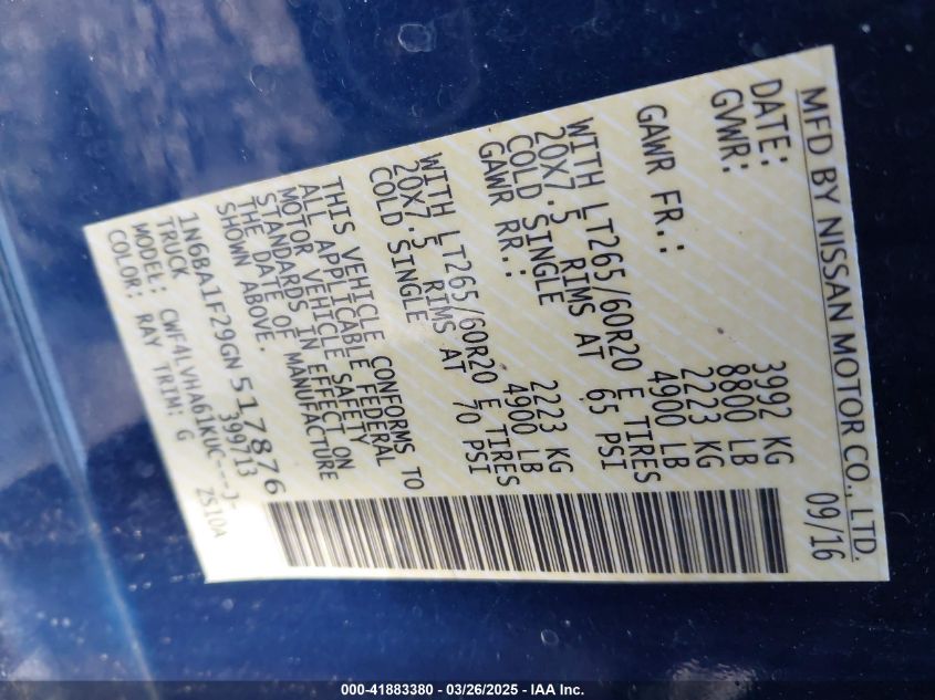 2016 Nissan Titan Xd Platinum Reserve Diesel/S Diesel/Sl Diesel/Sv Diesel VIN: 1N6BA1F29GN517876 Lot: 41883380