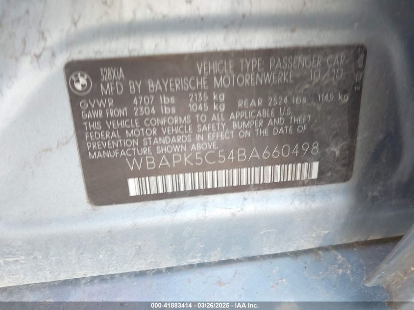 2011 BMW 328I xDrive VIN: WBAPK5C54BA660498 Lot: 41883414