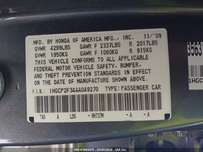 2010 HONDA ACCORD SDN VIN: 1HGCP2F34AA049270