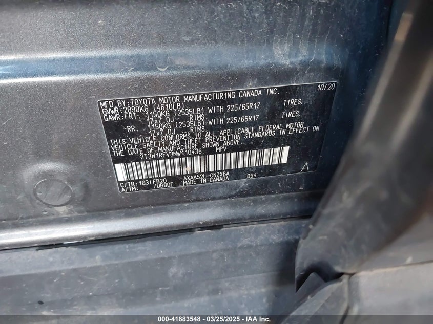 2021 TOYOTA RAV4 VIN: 2T3H1RFV3MW110436