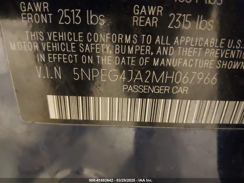 2021 HYUNDAI SONATA VIN: 5NPEG4JA2MH067966