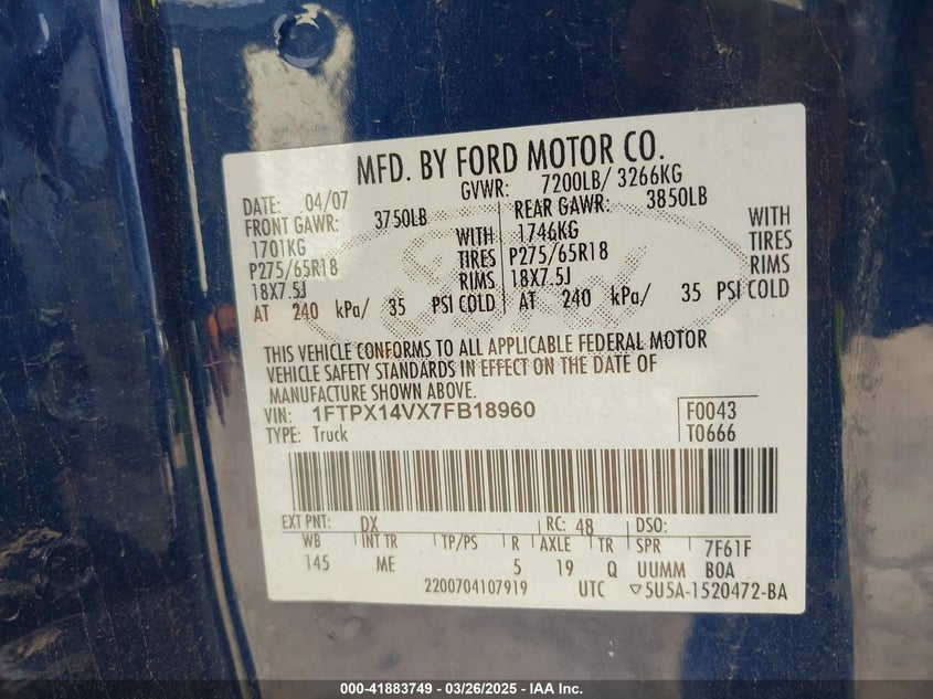 2007 FORD F-150 VIN: 1FTPX14VX7FB18960