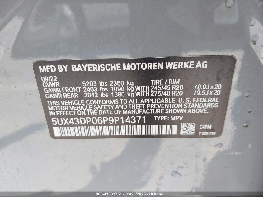2023 BMW X3 Sdrive30I VIN: 5UX43DP06P9P14371 Lot: 41883751