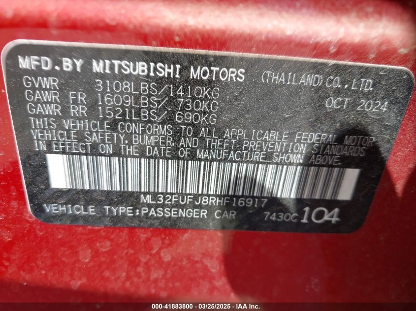 2024 Mitsubishi Mirage G4 Black Edition/Es/Le VIN: ML32FUFJ8RHF16917 Lot: 41883800