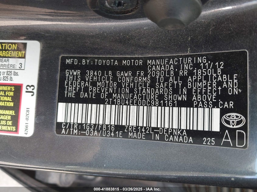 2013 TOYOTA COROLLA VIN: 2T1BU4EE0DC981161