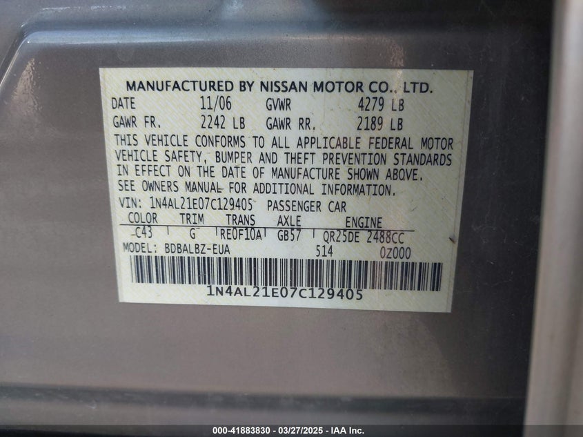 2007 NISSAN ALTIMA VIN: 1N4AL21E07C129405
