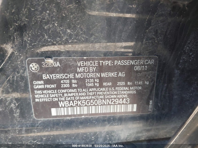 2011 BMW 328I VIN: WBAPK5G50BNN29443