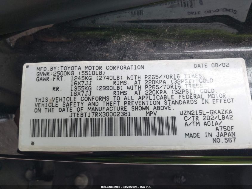 2003 Toyota 4Runner Limited V8 VIN: JTEBT17RX30002381 Lot: 41883940